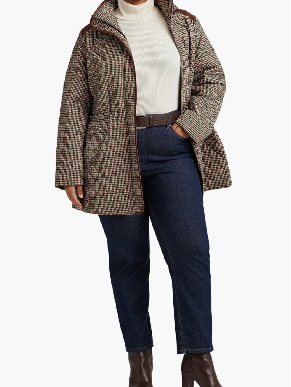 Ralph Lauren Quilted Houndstooth Puffer Coat in Brown and Cream